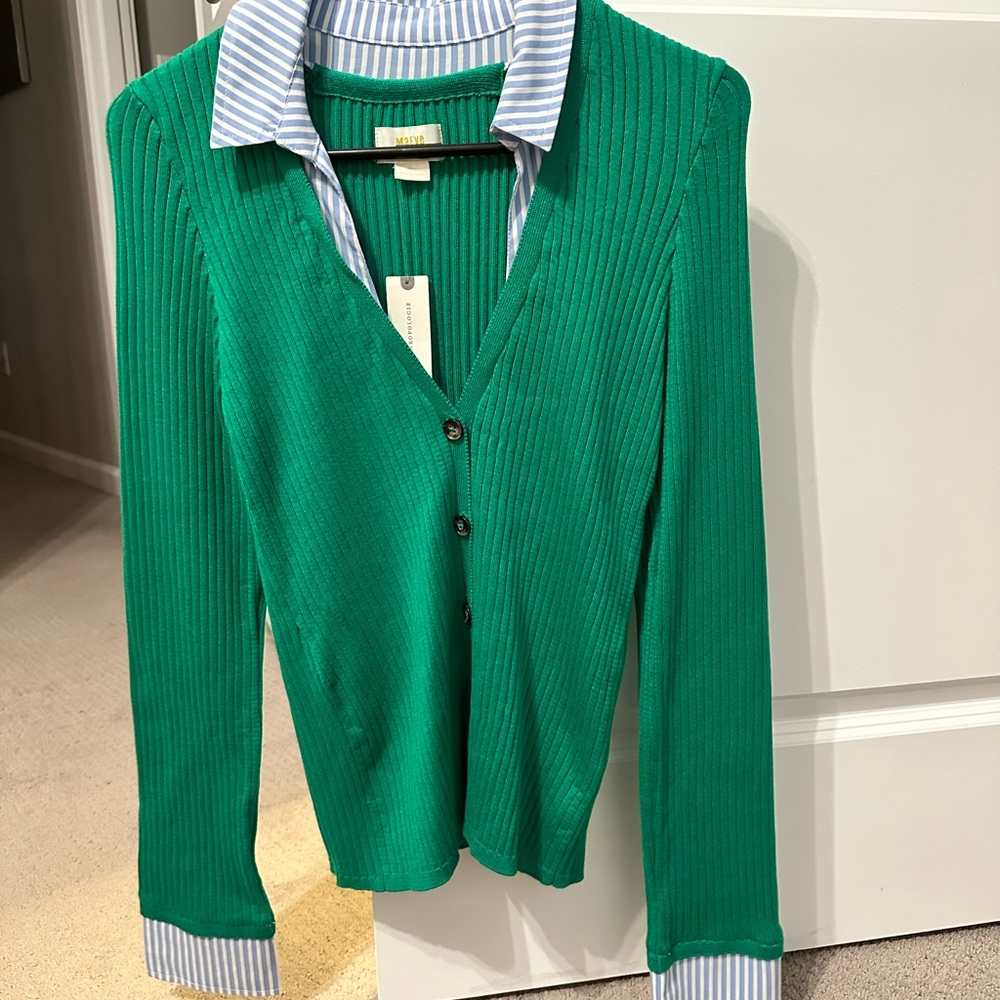 Anthropologie Green Ribbed V-Neck Cardigan